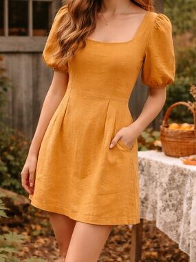 Madewell Puff Sleeve Linen Mini Dress Mustard Orange Sz 8 Cotton‎ Lining Pockets